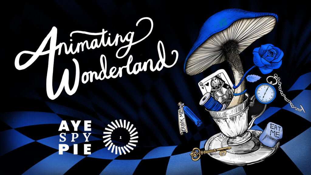 Cover image for teaser video – hand-drawn electric blue mushroom and teacup illustration by Emma Dougherty for Animating Wonderland, a handcrafted immersive art and animation installation presented by Aye Spy Pie.
