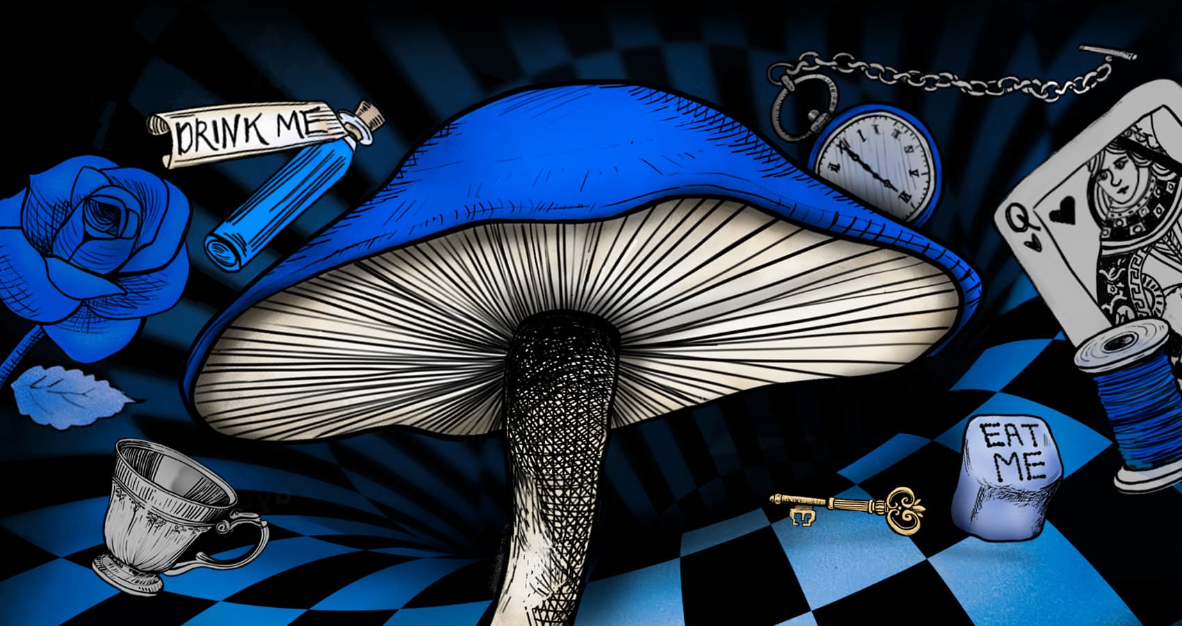 Hand-drawn electric blue mushroom and teacup illustration by Emma Dougherty for Animating Wonderland, a handcrafted immersive art and animation installation presented by Aye Spy Pie.